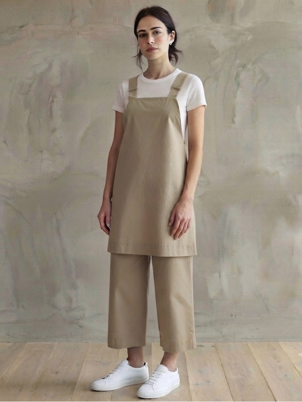 COS Sz 4 Tan Apron Cotton Wide Leg Cropped Lagenlook Minimalist Jumpsuit